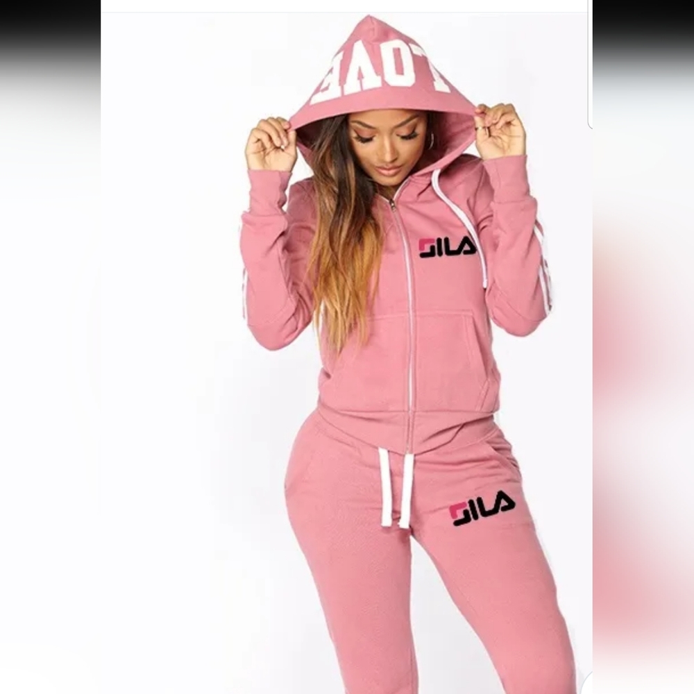 Classic Casual Love Pink Logo Printed Zip Up Hoodie Jogger Tracksuit Set